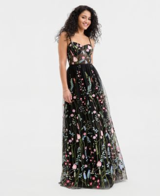 City Studios Juniors Embroidered Mesh Gown BLACK MULTI 78
