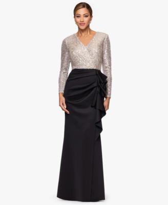 XSCAPE Petite Long-Sleeve V-Neck Dres Balck Nude Silver 12P