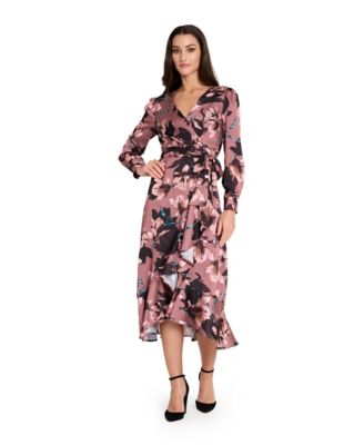 Tahari ASL Womens V-Neck Ruffle Midi Dre Mauve Floral 6