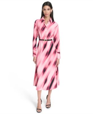 Halston Womens Printed Collared Long- Stripe Gesture Pink Multi 14