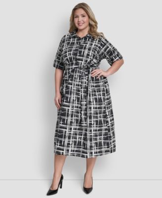 DKNY Plus Size Collared Button Down BlackIvory 18W