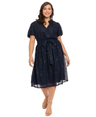 London Times Plus-Size Cap-Sleeve Midi Dres Navy 2X