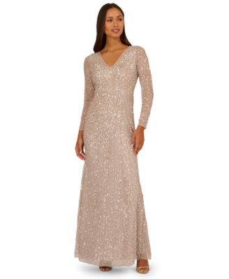Adrianna Papell Womens Long-Sleeve Beaded Ful Rose Gold 12