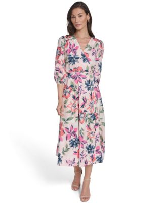 Calvin Klein Womens Faux Wrap Midi Dress Blossom Multi 16