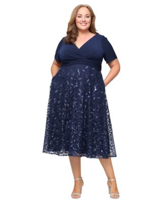 Alex Evenings Plus Size Embroidered V-Neck A Navy 18W