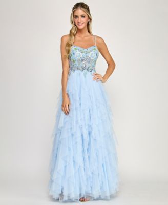 Say Yes Womens Beaded Corset Ruffle V Ice Blue 1112