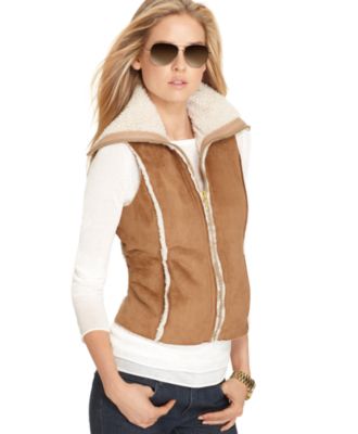 Michael Kors New Tan Faux Suede Zip Front Faux Fur Lined Casual Vest