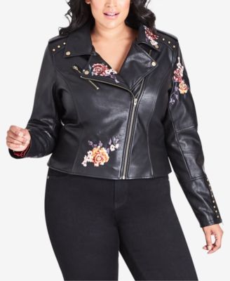 plus size embroidered leather jacket