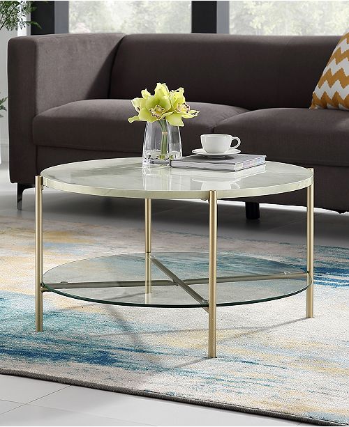 Walker Edison 32 Inch Round Coffee Table In White Faux Marble With Glass Shelf And Gold Legs Reviews Furniture Macy S