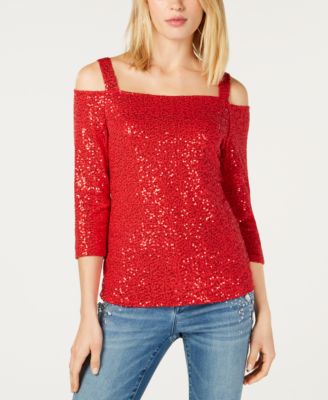 red sequin cold shoulder top