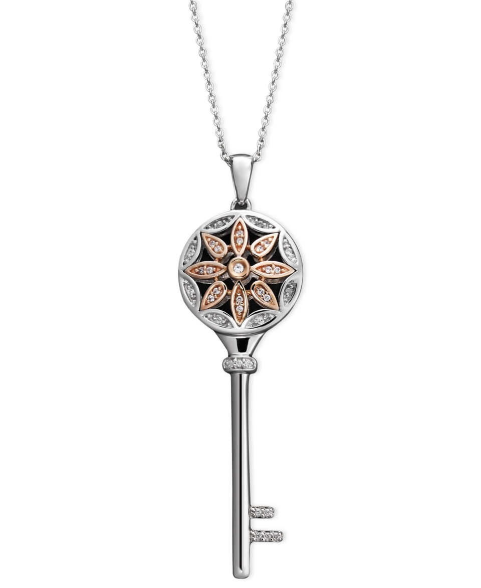 Diamond Necklace, 14k Rose Gold and Sterling Silver Diamond Flower Key