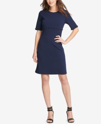dkny navy blue dress macy's DKNY Women's Button-Detail Short-Sleeved Fit & Flare Dress