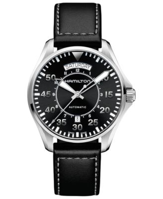 Мужские швейцарские автоматические часы Hamilton Pilot цвета хаки с черным кожаным ремешком 42 мм