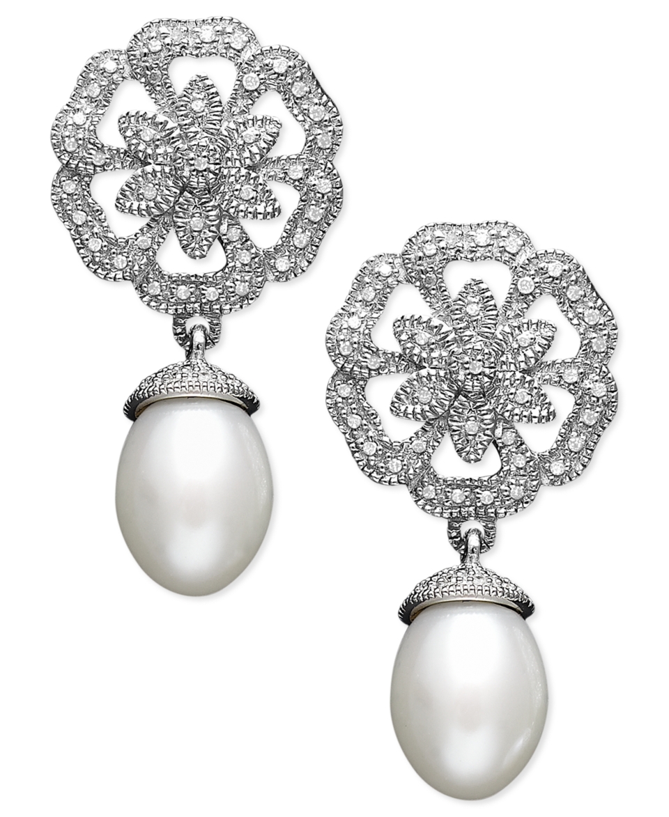 Sterling Silver Earrings, Cultured Freshwater Pearl (8mm) and Diamond (1/5 ct. t.w.) Open Flower Earrings   Earrings   Jewelry & Watches