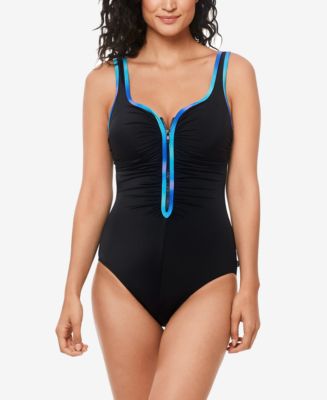 Reebok Contrast Trim Zip Front One Piece Swimsuit Reviews Swimsuits Cover Ups Women Macy S