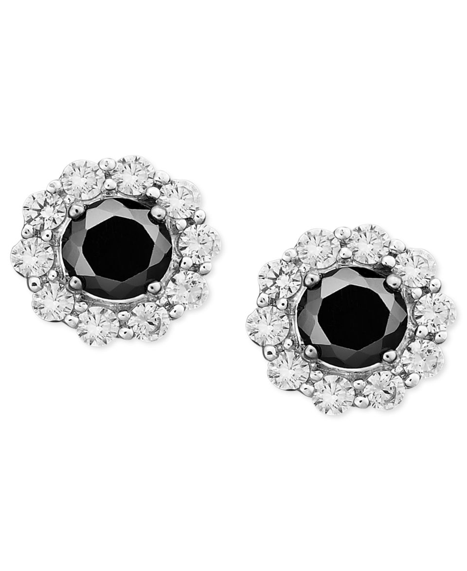 14k White Gold Earrings, Black and White Diamond Stud Earrings (2 ct