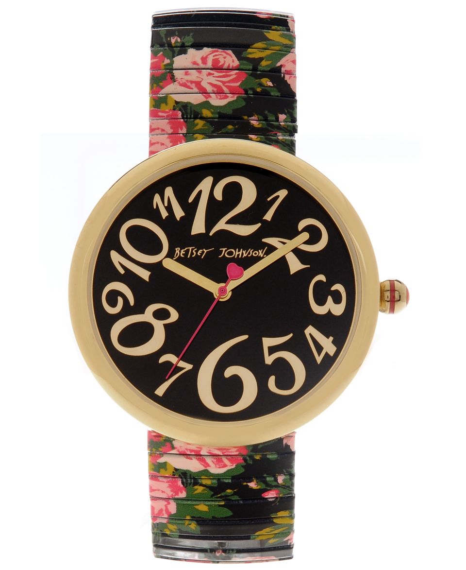 Betsey Johnson Watch, Womens Floral Printed Black Leather Strap 38mm