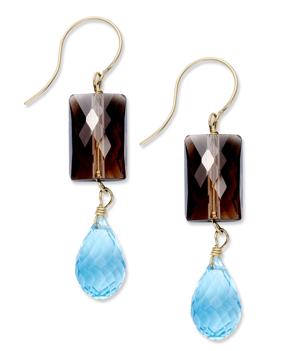 14k Gold Earrings, Smokey Quartz (8 ct. t.w.) and Blue Topaz (9 ct. t