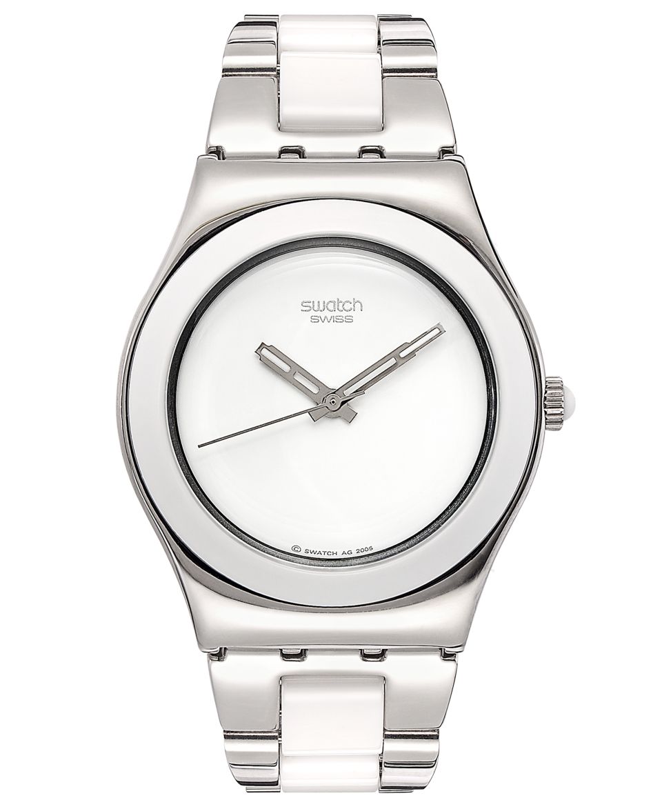 Swatch Watch, Womens Swiss White Ceramic and Stainless Steel Bracelet