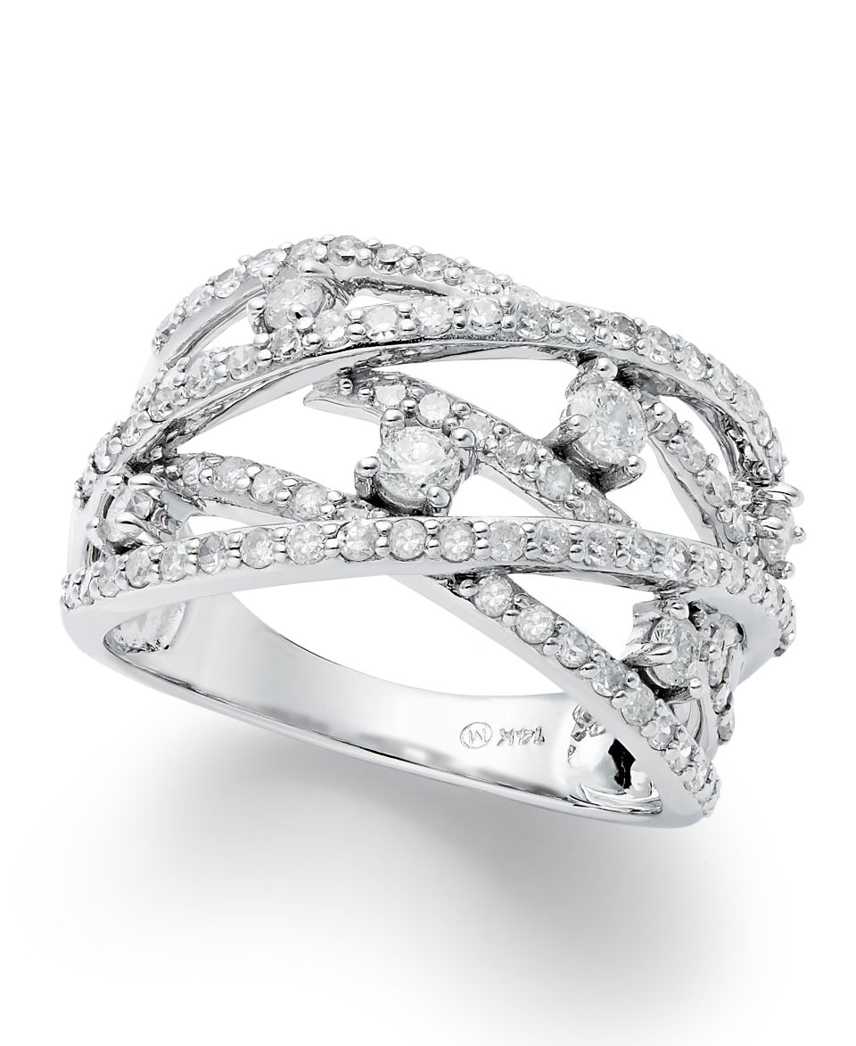 14k White Gold Ring, Diamond Baguette and Round Cut Crossover Ring (1 ct. t.w.)   Rings   Jewelry & Watches