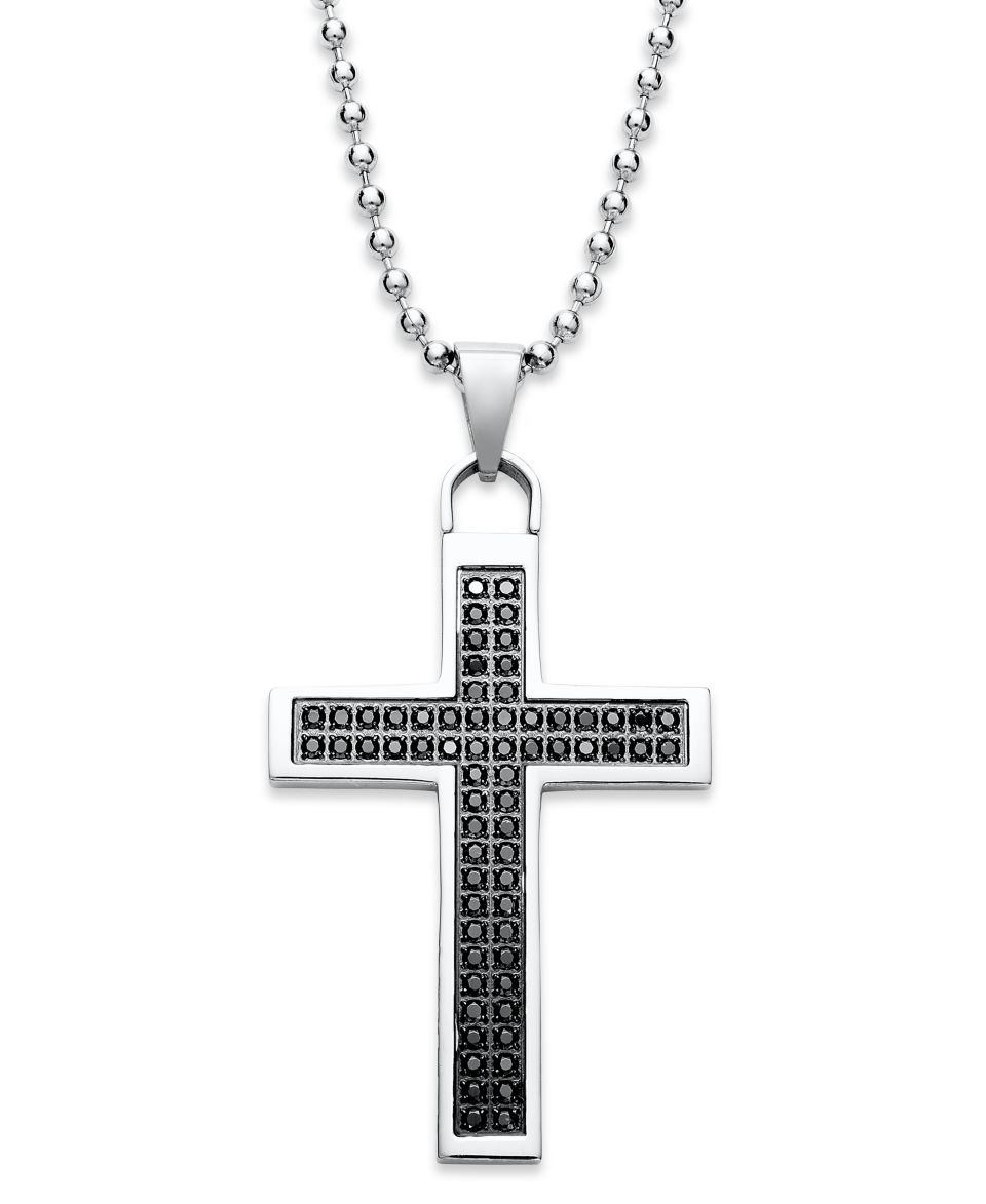 Mens Stainless Steel Pendant, Black Enamel and Diamond Accent Cross   Necklaces   Jewelry & Watches