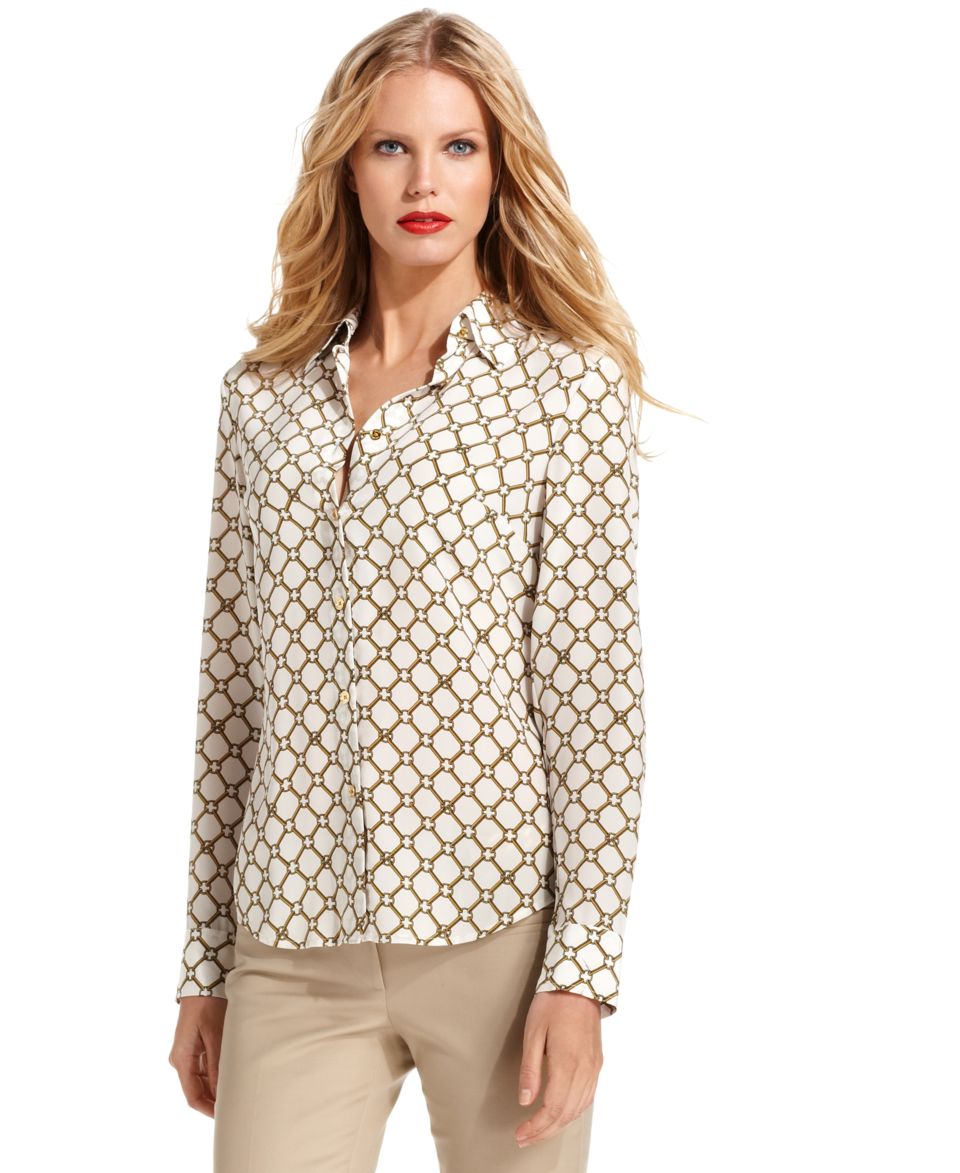 MICHAEL Michael Kors Top, Long Sleeve Printed Silk Shirt   Tops   Women