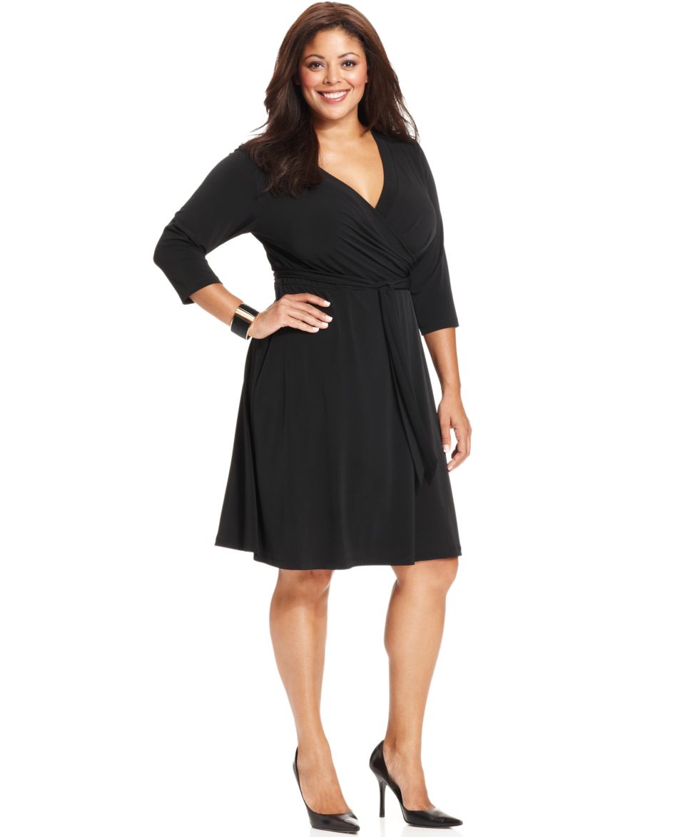 NY Collection Plus Size Dress, Three Quarter Sleeve Twisted Faux Wrap