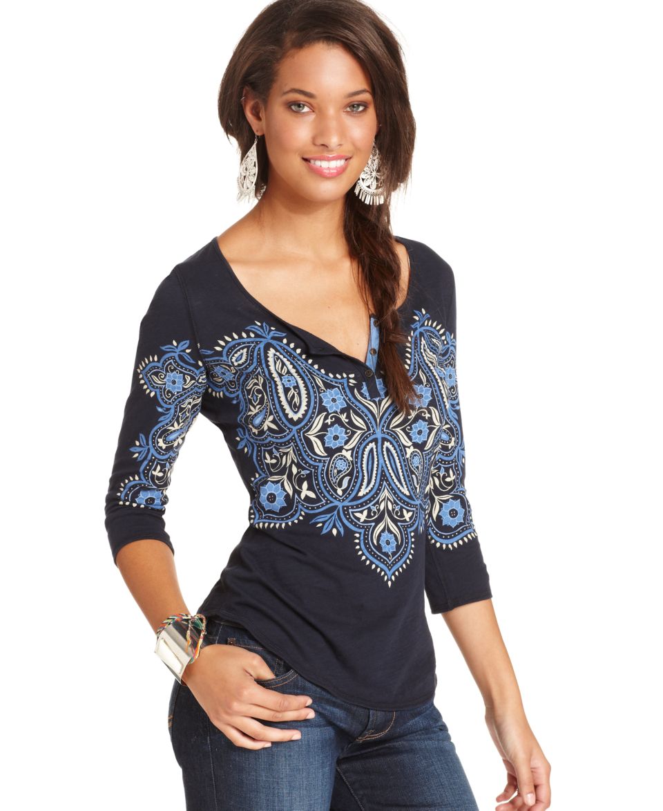 Lucky Brand Jeans Top, Long Sleeve Split Neck Logo Print Thermal Top