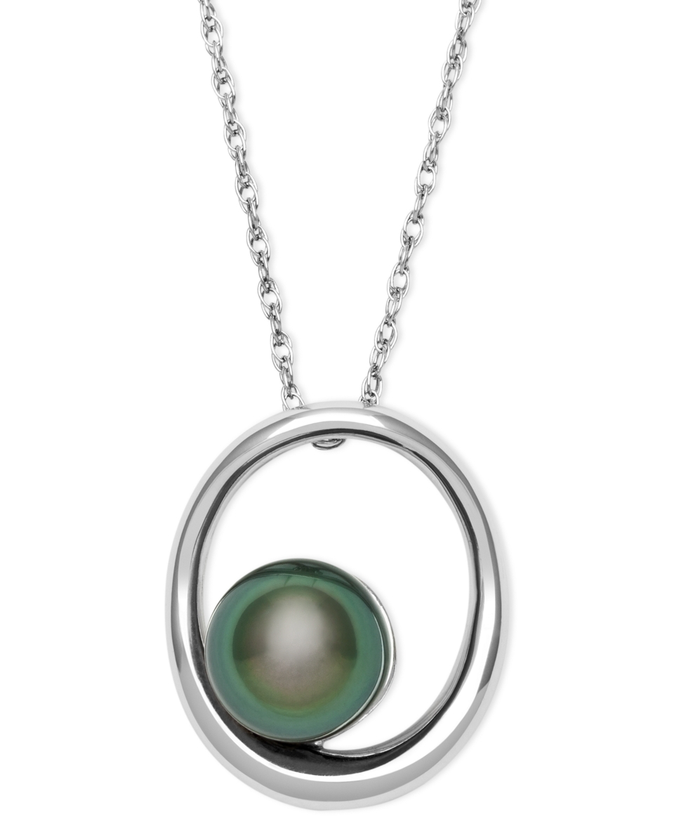 Cultured Tahitian Black Pearl (8mm) Circle Drop Pendant Necklace in Sterling Silver   Necklaces   Jewelry & Watches