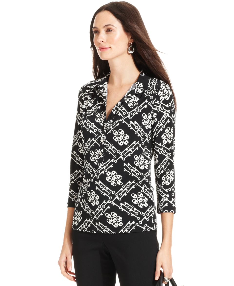 Alfani Petite Top, Three Quarter Sleeve Status Print