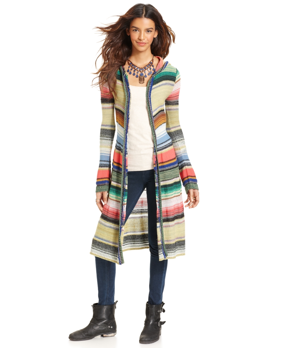 Free People Sweater, Long Sleeve Hooded Striped Cardigan  