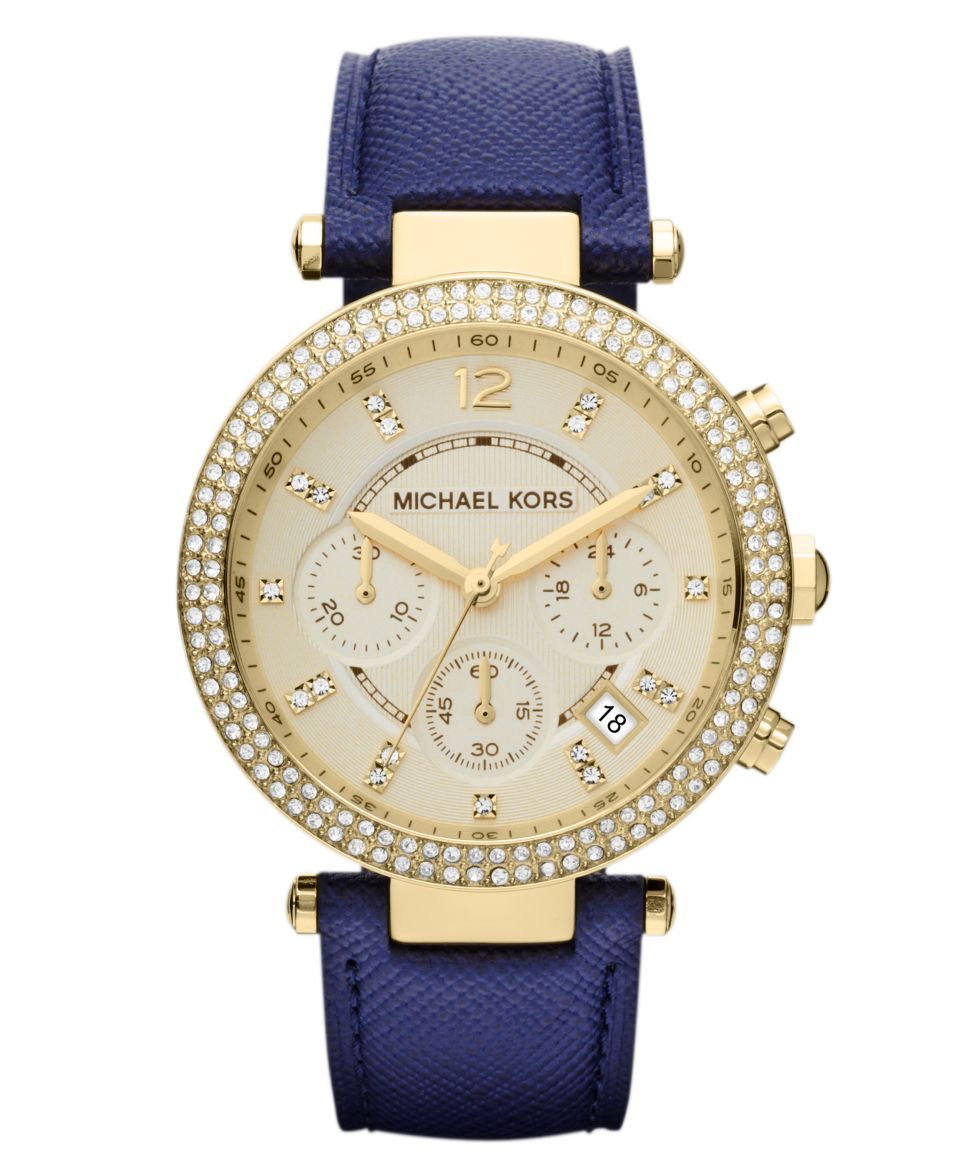 Michael Kors Watch, Womens Chronograph Parker Navy Leather Strap 39mm