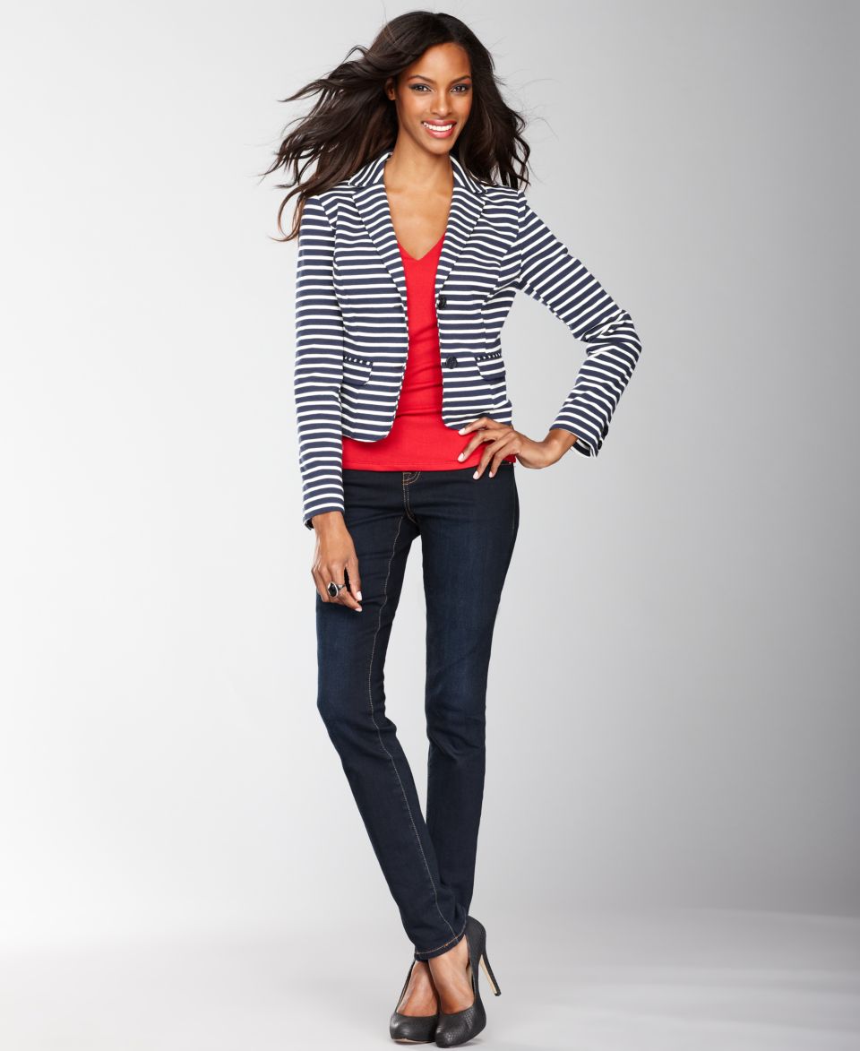 INC International Concepts Striped Cropped Blazer, V Neck Tee & Skinny