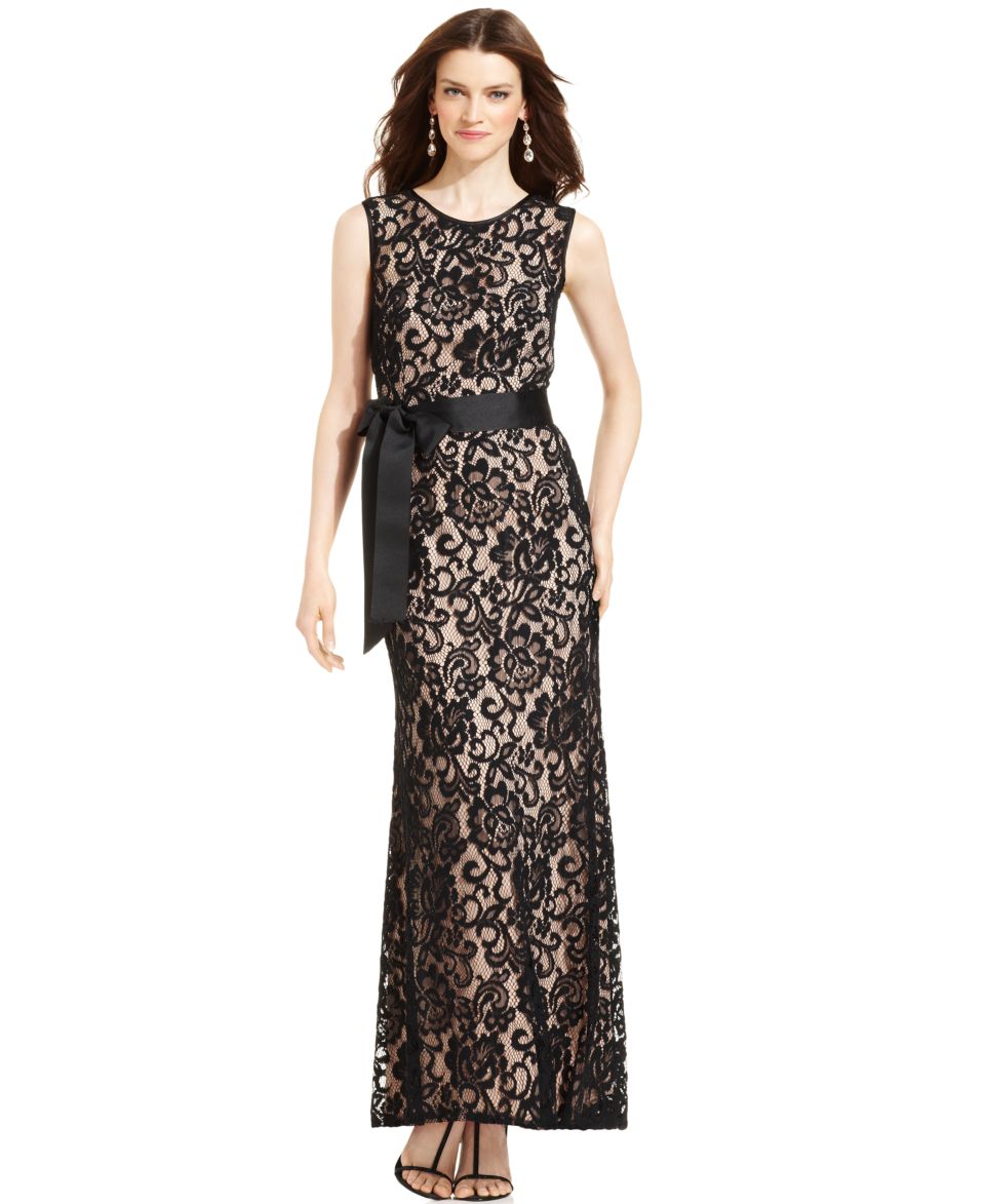 Betsy & Adam Dress, Sleeveless One Shoulder Lace Gown
