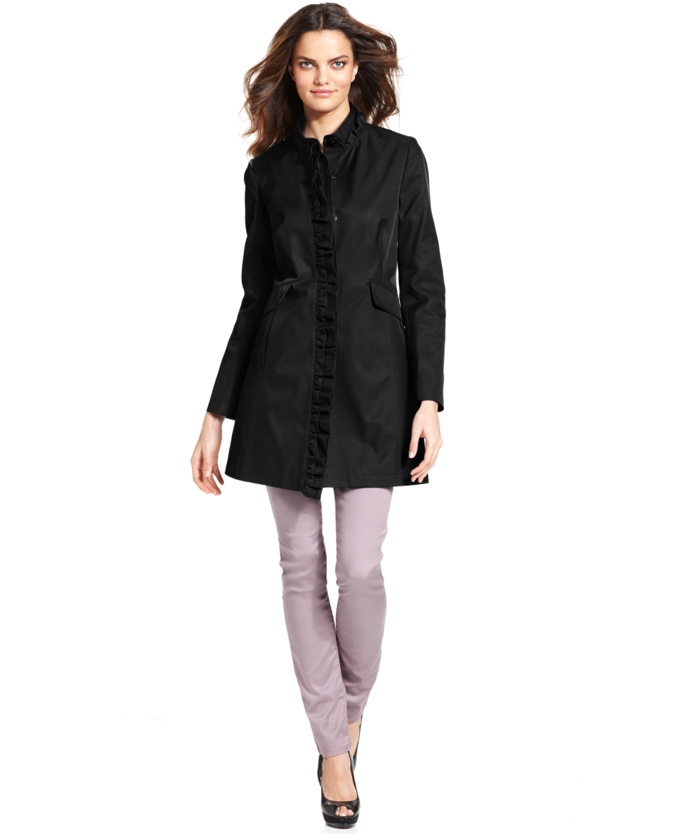 DKNY Petite Coat, Ruffle Trim Walker Raincoat   Womens Petite Coats
