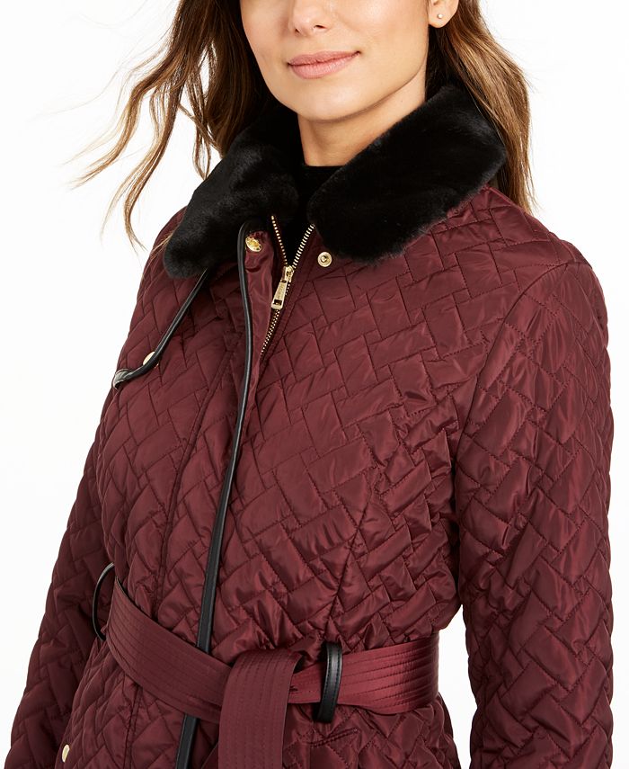 Cole Haan FauxLeather Trim Belted FauxFur Quilted Coat & Reviews