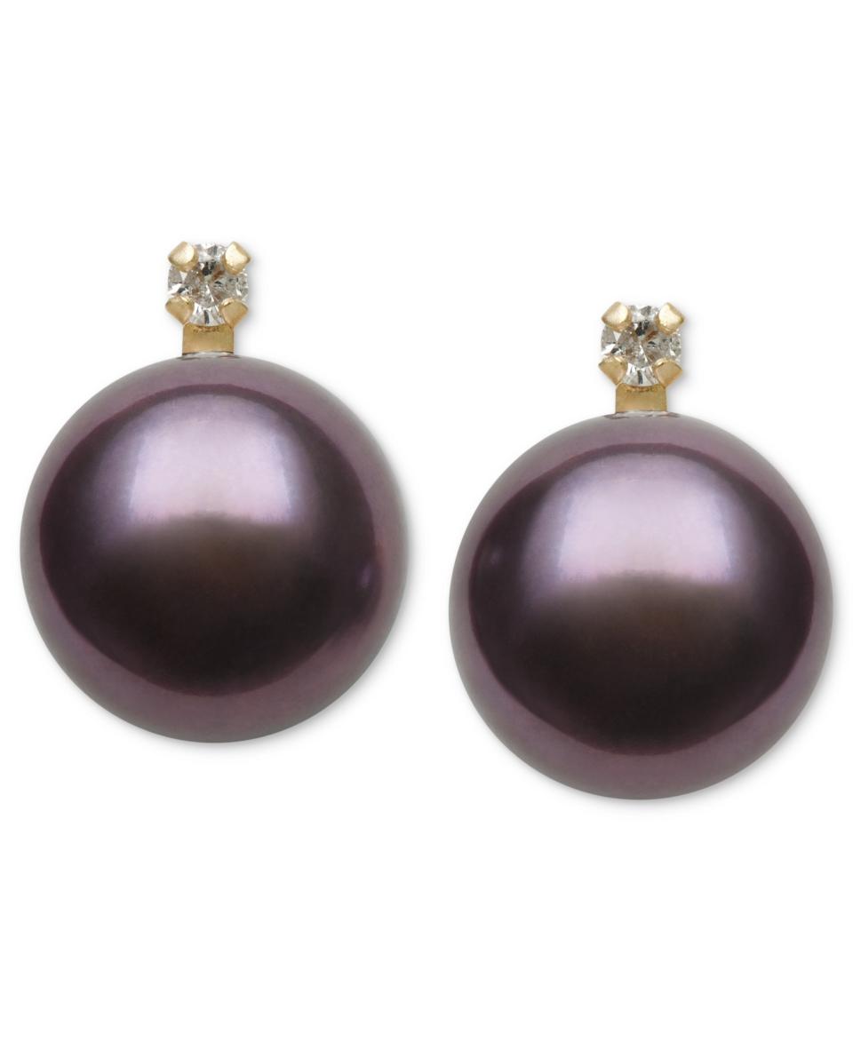 Belle de Mer 14k Gold Earrings, Dyed Black Cultured Freshwater Pearl (9mm) and Diamond Accent Stud Earrings   Earrings   Jewelry & Watches