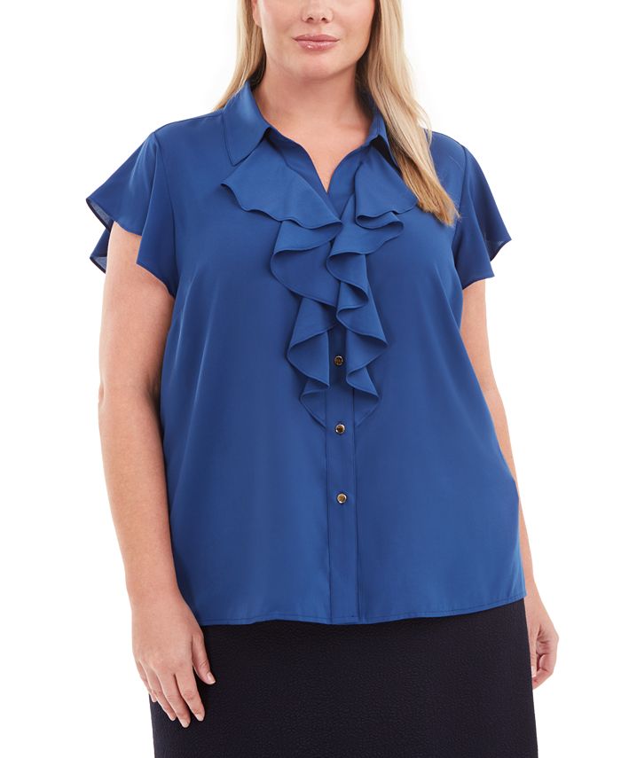 Calvin Klein Plus Size Ruffle-Front Flutter-Sleeve Blouse & Reviews ...