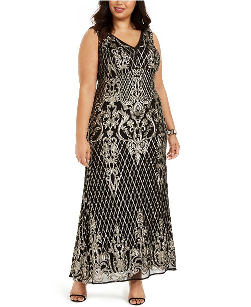 R M Richards Plus Size Gold Tone Sequin Gown Reviews Dresses Plus Sizes Macy S