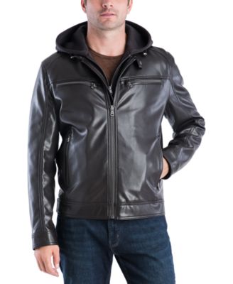 Faux-Leather Hooded Bomber Jacket 
