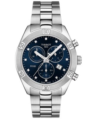 Женские швейцарские часы-хронограф Tissot T-Classic с бриллиантом PR 100 (1/20 карата), серые часы-браслет из нержавеющей стали, 38 мм