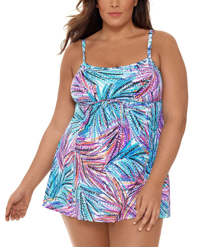 Swim Solutions Plus Size Palmalicious Printed Empire Tummy Control ...