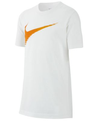 white nike shirt with orange swoosh 