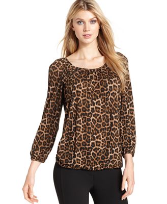 MICHAEL Michael Kors Petite Top, Three-Quarter-Sleeve Leopard-Print ...