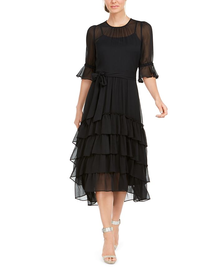 Calvin Klein 3/4-Sleeve Tiered Chiffon Dress & Reviews - Dresses ...