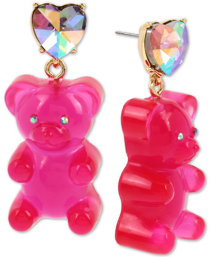 Betsey Johnson Gold-Tone Crystal Heart & Gummy Bear Drop Earrings