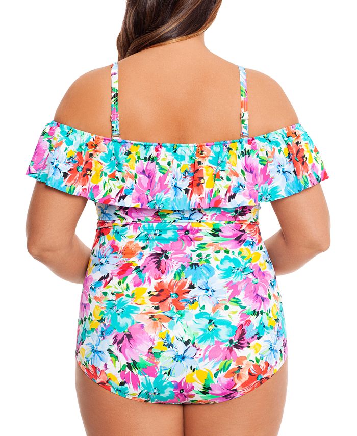 Swim Solutions Plus Size Floral Vista Printed OffTheShoulder Tummy