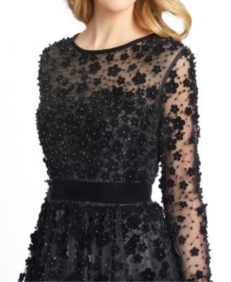 long sleeve fit & flare velvet embellished cocktail dress