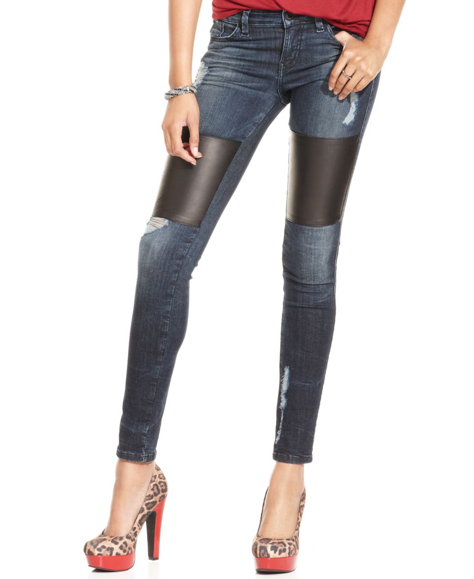GUESS Jeans, Skinny Dark Wash Faux Leather Distressed   Jeans   Women