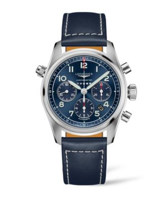 Мужские часы Longines с автоматическим хронометром Spirit из нержавеющей стали на коричневом кожаном ремешке 42 мм синего цвета